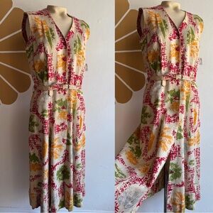 Vintage Linen Leaf Pattern Multicolor Sleeveless Button-up Midi Dress Pockets
